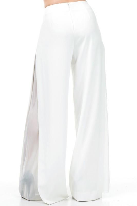 Side Chiffon Panel Palazzo Pants100% Polyester Party Full Length Bottoms With Side Slits, Party Bottoms With Side Slits Full Length, Elegant Full Length Bottoms For Spring, Elegant Full-length Spring Bottoms, White Wide Leg Pants For Summer Night Out, Evening Full Length Bottoms With Side Slits, Fitted White Bottoms With Split Design, Summer Evening Bottoms With Side Slits, White Fitted Bottoms With Split Design