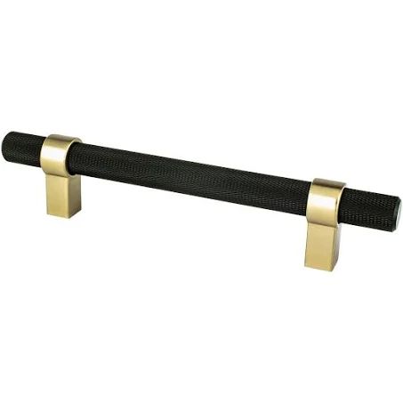 a black and gold door handle on a white background, with two brass bars in the middle