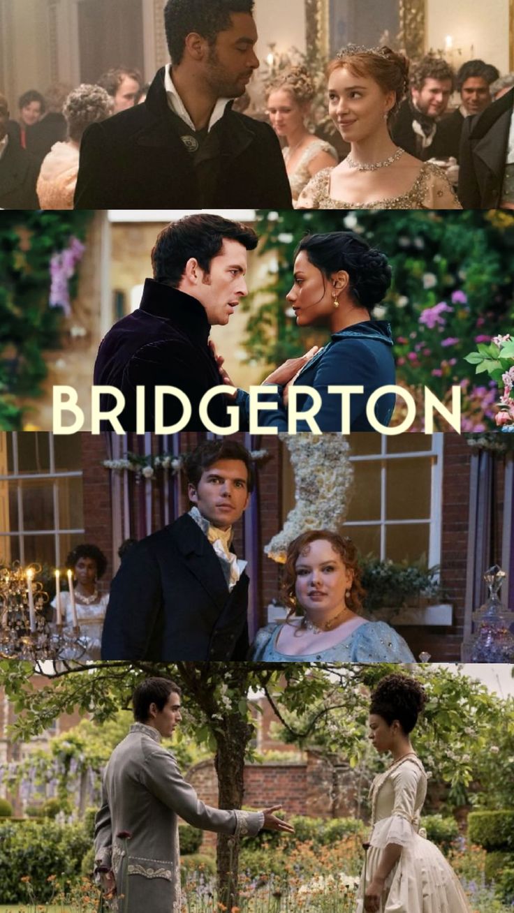 the movie bridgerton is shown in three different scenes, including one man and woman