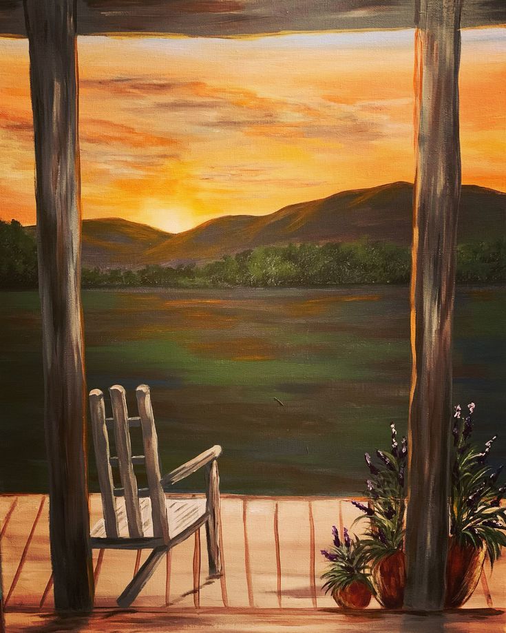 Chair on the front porch looking at the mountain sunset is a landscape acrylic painting on a stretched 16 x 20 canvas Farmhouse Acrylic Painting, Creek Painting Easy, Painting Ideas On Canvas Outdoors, Farm Paintings Landscape, Country Scenes Painting, Painting Ideas On Canvas Beach Sunset, Country Mural Ideas, Easy Rustic Paintings, Sunset Farm Painting