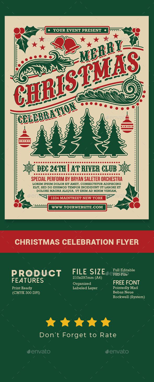 the christmas flyer is shown in green and red