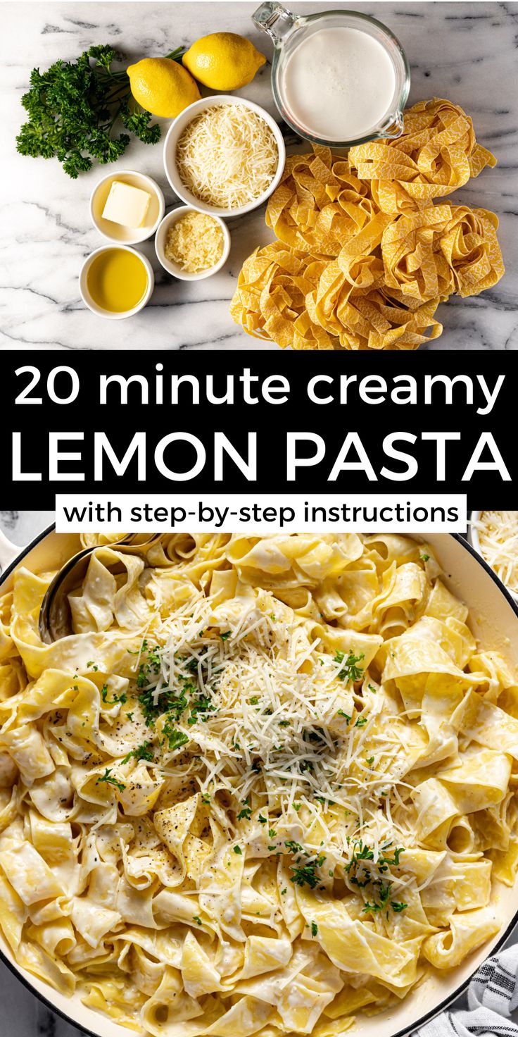 lemon pasta with parmesan cheese in a bowl and ingredients to make the dish