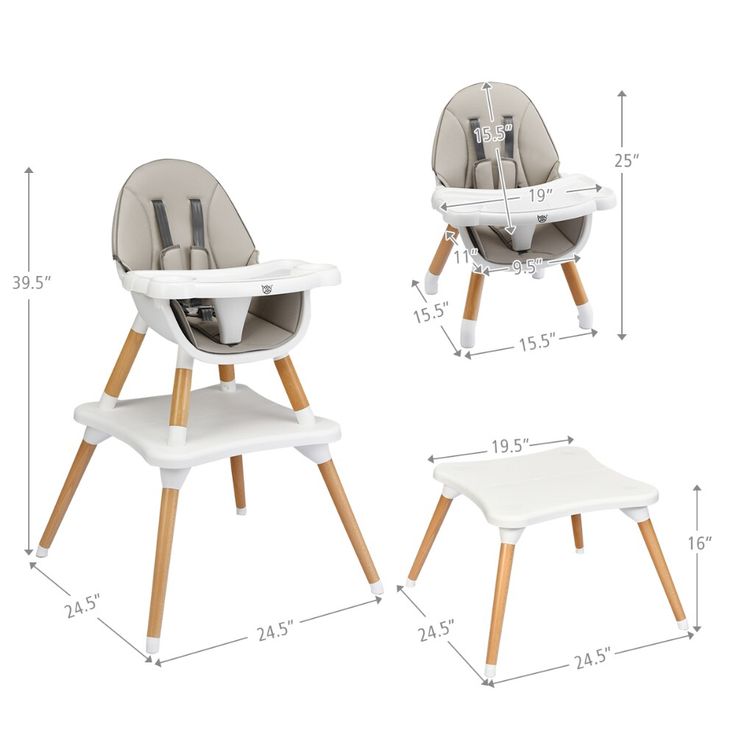 the baby high chair and foot stool are shown with measurements for each child's height