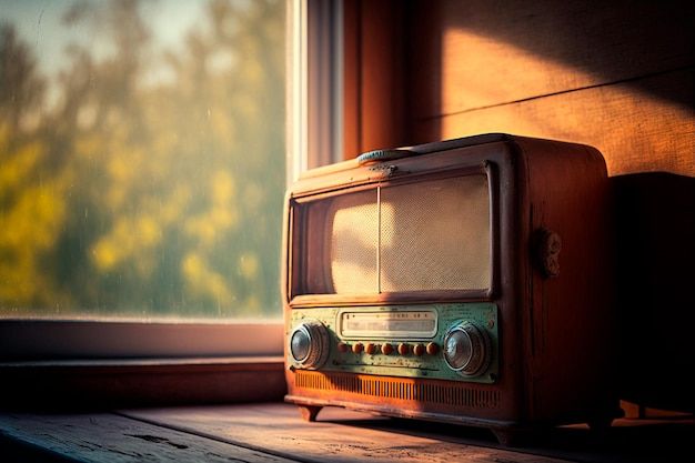 an old fashioned radio sitting on a window sill