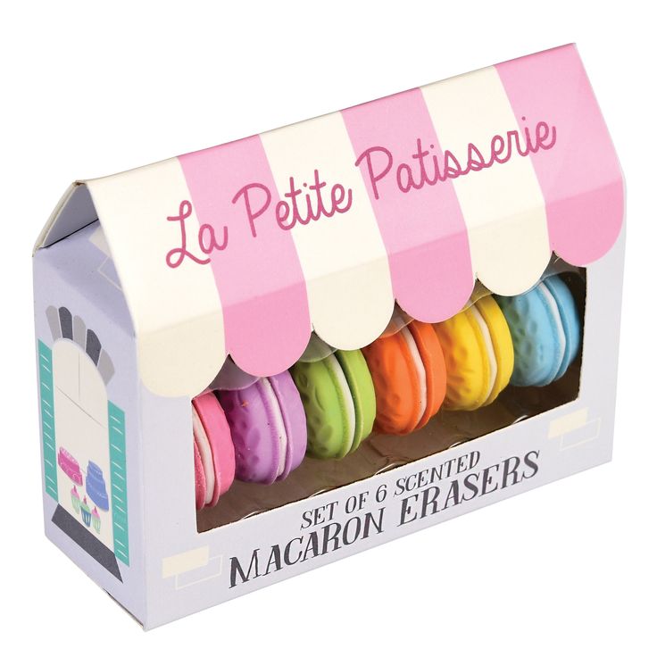 Smuk bageri gaveæske med seks vaniljeduftende farverige makronformede gummier.   Små piger vil elske disse sjove gummier og den søde emballage! Stocking Fillers For Girls, Macaron Packaging, Macaron Boxes, Candy Packaging, School Supply, Bakery Shop, Stationery Accessories, Creative Packaging, Stationery Items