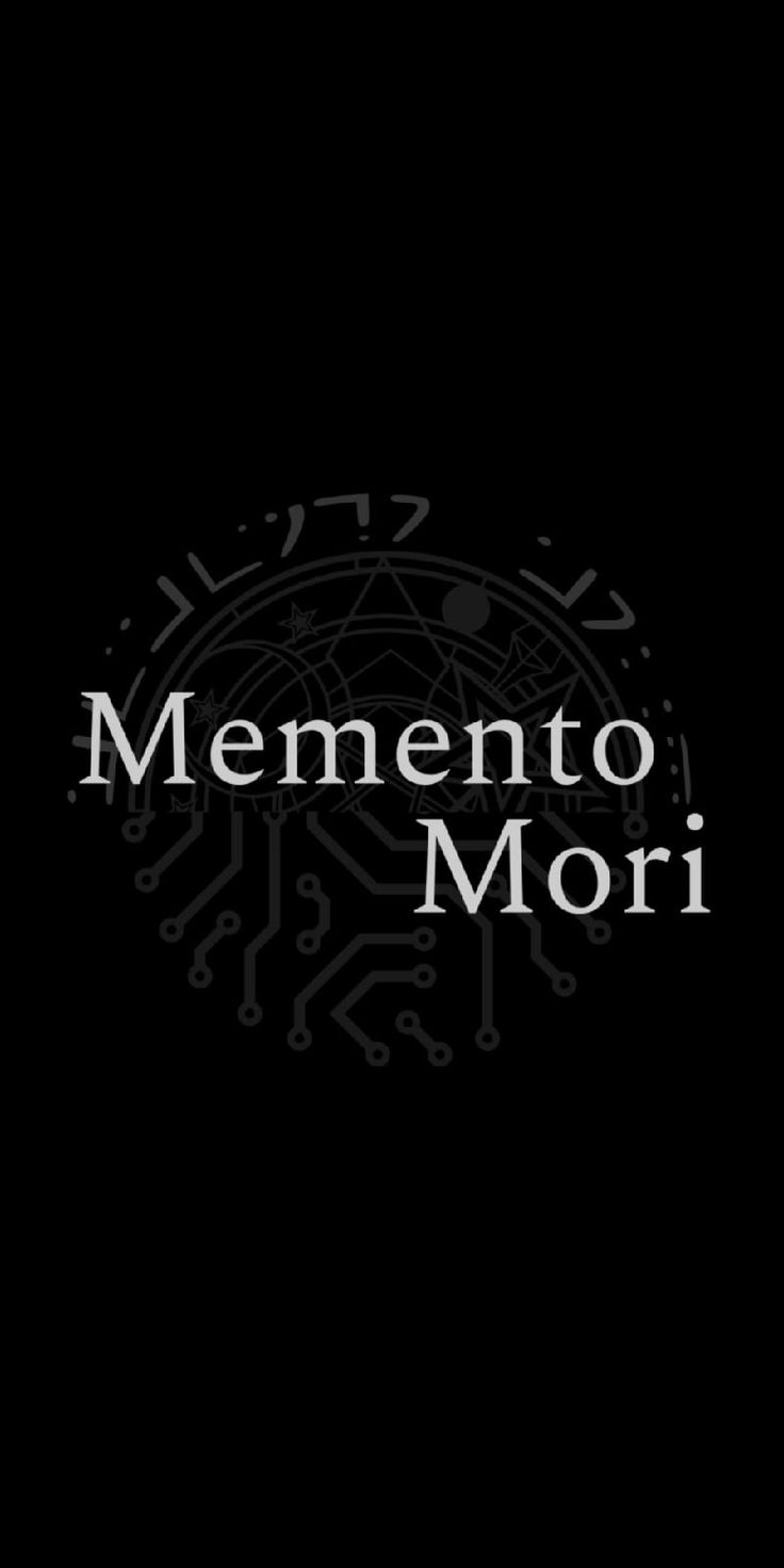 the words mementoo mori written in white on a black background