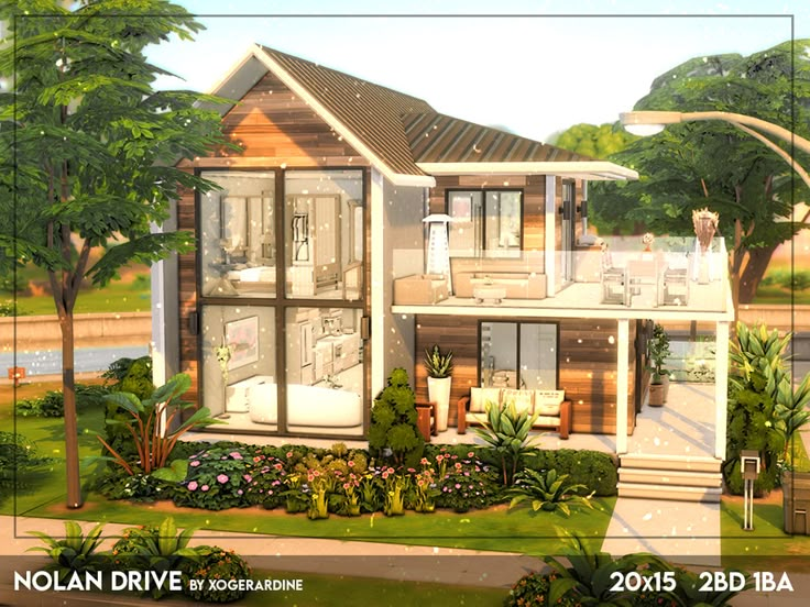 an artist's rendering of a house in the middle of a tropical area with trees and bushes