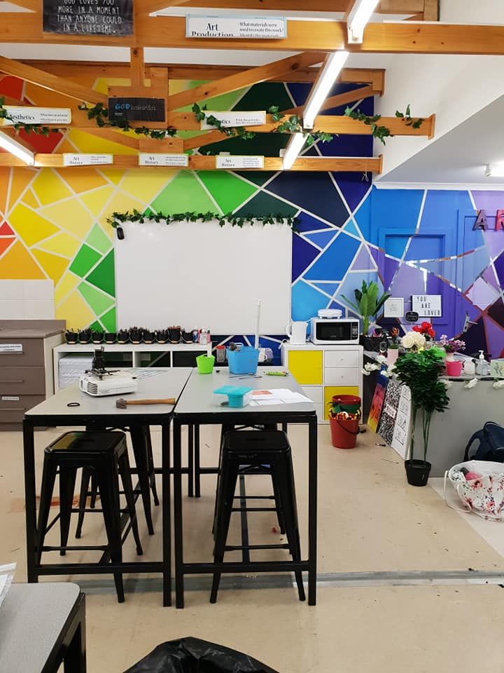 a room with several tables and chairs in front of a wall painted with colorful tiles