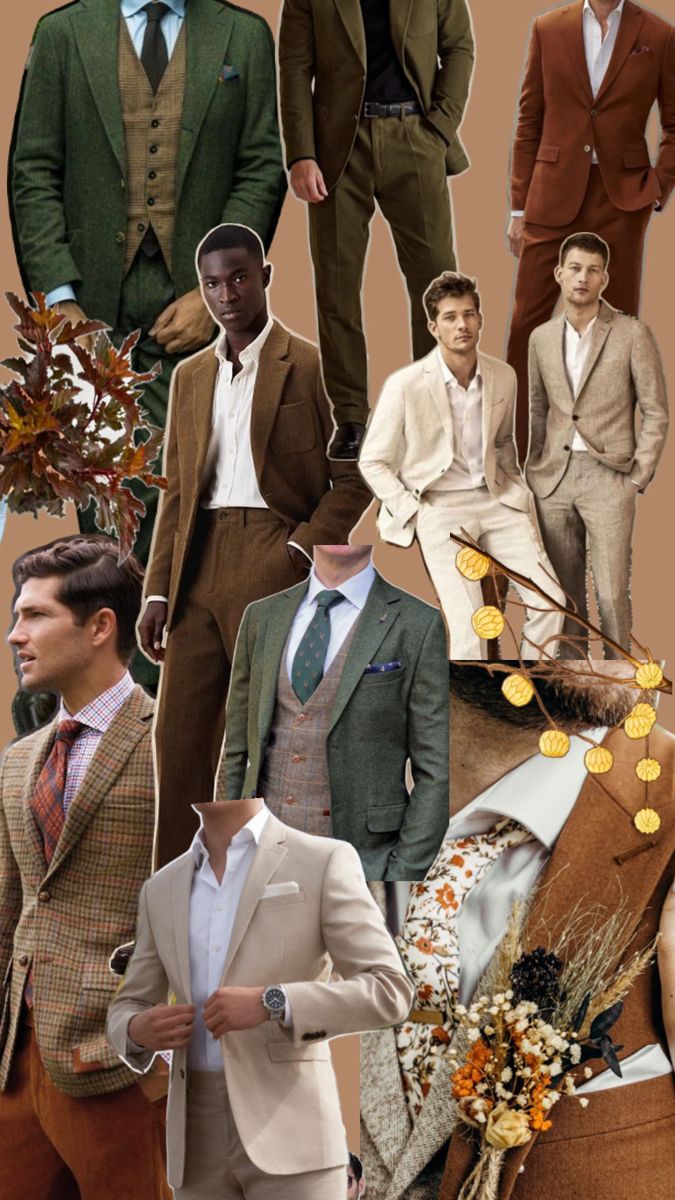 a collage of men's suits and ties in brown, green, blue, white and tan colors