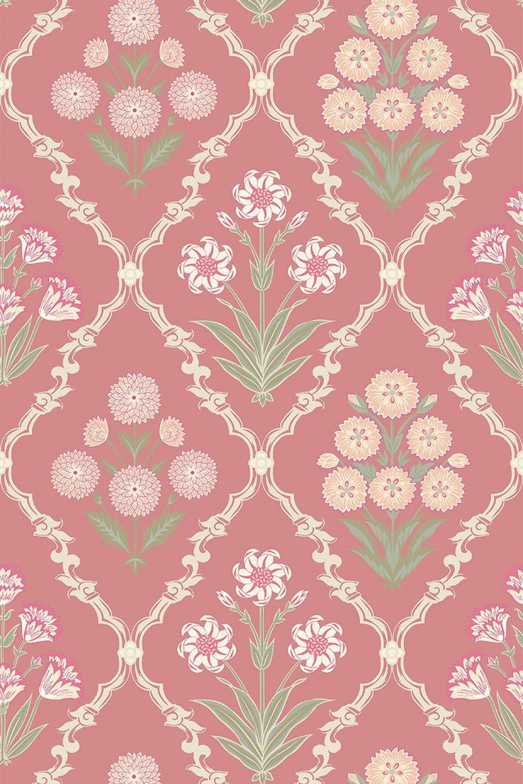 a pink and green wallpaper with flowers on the back ground, in an ornate pattern