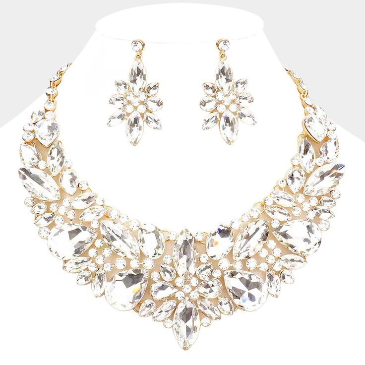 Clear Multi Stone Evening Necklace Set on Gold| Statement Jewelry | Special Occasion Crystal  Necklace Gold Statement Jewelry, Evening Necklace, Stone Statement Necklace, Prom Jewelry, Fashion Jewelry Sets, Engraved Bracelet, Small Earrings Studs, Set Necklace, Necklace Size