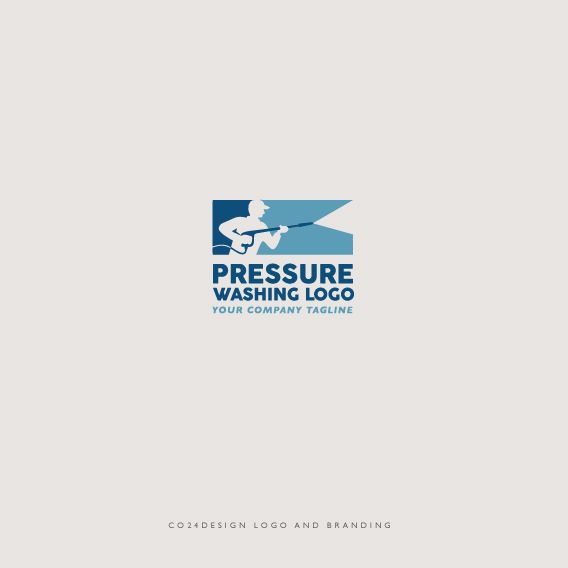 the logo for pressure washing company is shown in blue and white colors on a gray background