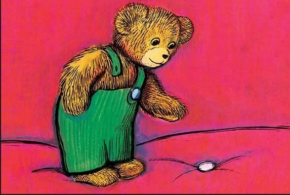 a drawing of a teddy bear in overalls with a golf ball on the ground