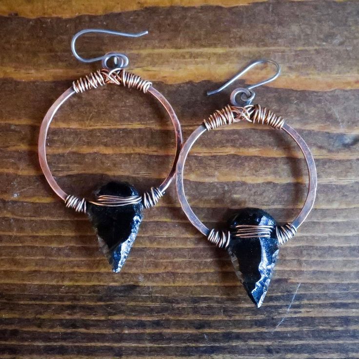 Obsidian Arrowhead Hoop Earrings - Bronze & Copper - Blackbird & Sage Jewelry Arrowheads Jewelry, Obsidian Arrowhead, Blue Opal Ring, Metal Shop, Copper Rings, Handcrafted Earrings, Copper Color, Copper Earrings, Stone Earrings