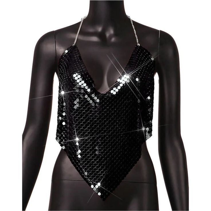 Metal halter top. Chic Triangle Top For Club, Black Halter Neck Tank Top For Club, Black Backless Tank Top For Club, Black Backless Top For Night Out, Backless Black Tops For Night Out, Backless Black Top For Night Out, Trendy Black Backless Crop Top, Glamorous Triangle Halter Top, Black Halter Neck Tank Top For Night Out