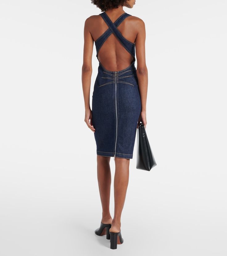 Denim midi dress in blue - Alaia | Mytheresa Elegant Dark Wash Midi Dress, Elegant Dark Wash Cotton Dress, Elegant Knee-length Denim Cotton Dress, Elegant Knee-length Cotton Denim Dress, Spring Backless Elastane Dress, Fitted Sleeveless Denim Midi Dress, Dark Wash Sleeveless Fitted Midi Dress, Dark Wash Fitted Sleeveless Midi Dress, Fitted Sleeveless Dark Wash Midi Dress