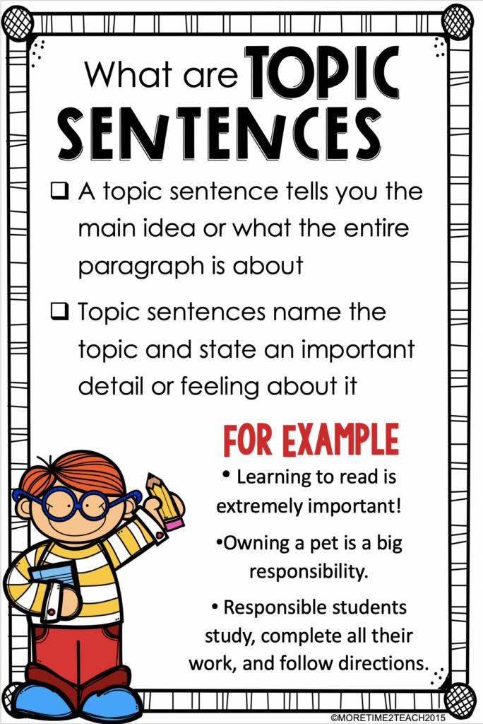 a poster with the words what are topic sentences and an image of a boy in glasses