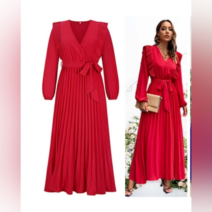 Evening Party Cocktail Dress Pleated Maxi Long Sleeves With Belt Pleated V-neck Dress For Party Season, Elegant Pleated Maxi Dress For Winter, Red V-neck Midi Dress For Party Season, Red Pleated Dresses For Winter, Red Pleated Dress For Winter, Red Dressy Dress For Spring, Elegant Winter Pleated Maxi Dress, Dressy Red Dress For Spring, Red Spring Dressy Dress