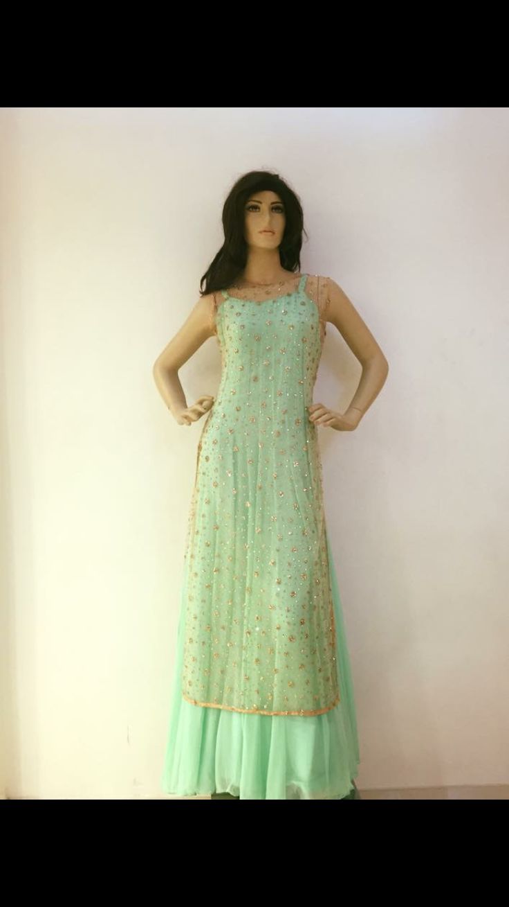 Mint green long  dress with golden add on drape Sea Green Colour Combination Dress, Mint Green Long Dress, Biba Kurti, Pakistani Pattern, Desinger Dresses, Green Long Dress, Chinese Fancy Dress, Stylish Short Dresses, Elegant Blouse Designs