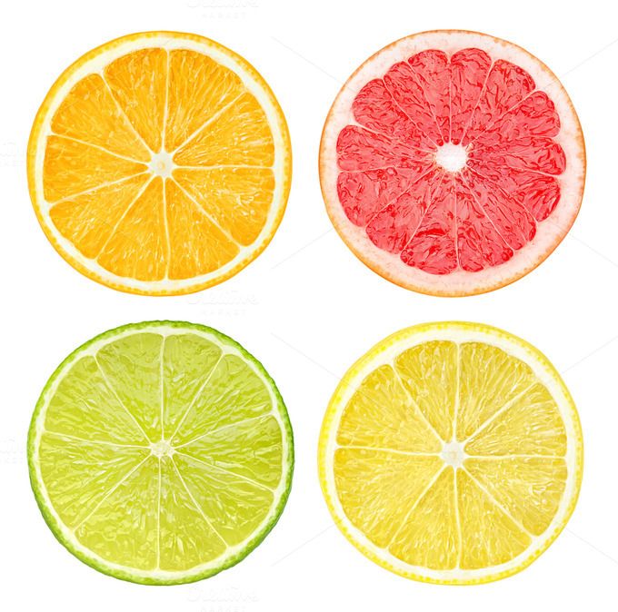 four slices of citrus fruit are shown in three different colors