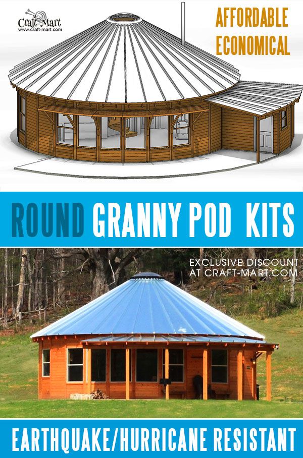 the round granny pod kit is designed to look like an old log cabin, and has been