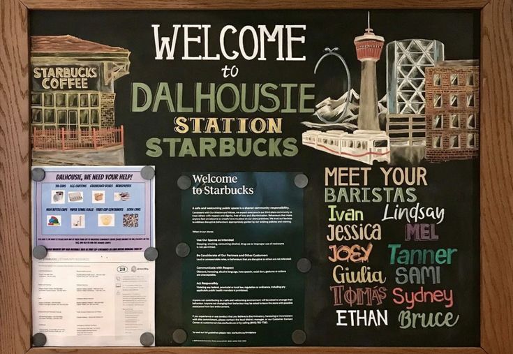 a chalkboard with some writing on it that says welcome to dalhouse station starbuck's