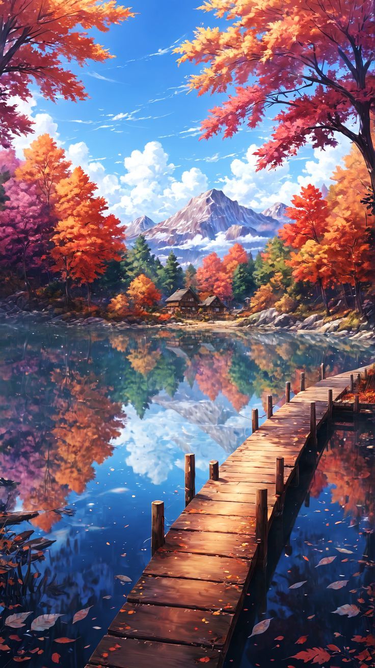 a painting of a dock leading to a lake with mountains in the background and leaves on the water