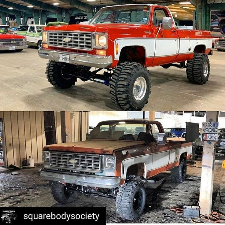 there are two pictures of an old truck in the garage and one is red with white stripes