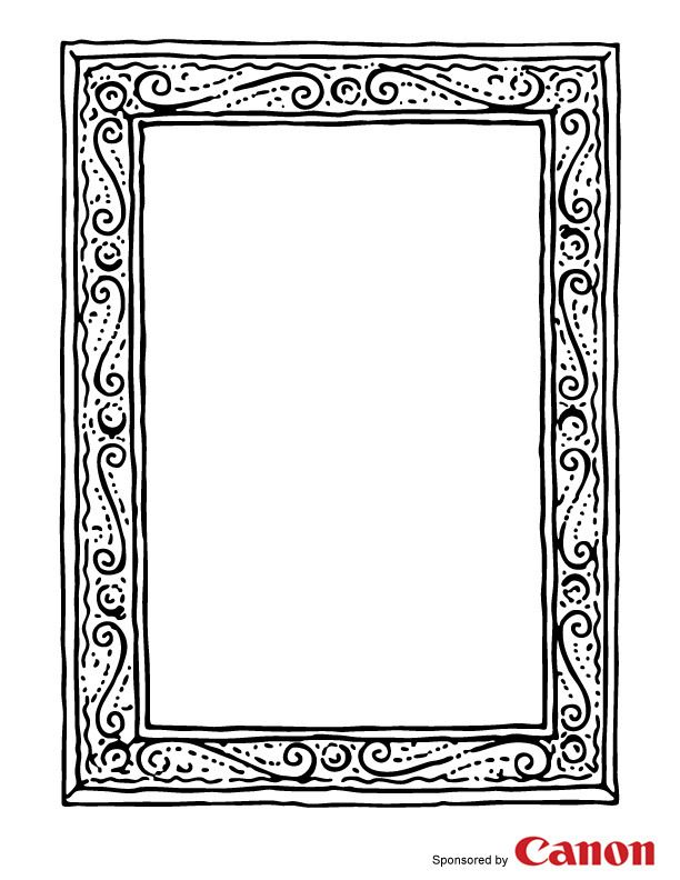 a black and white drawing of a square frame with swirly scrolls on it,