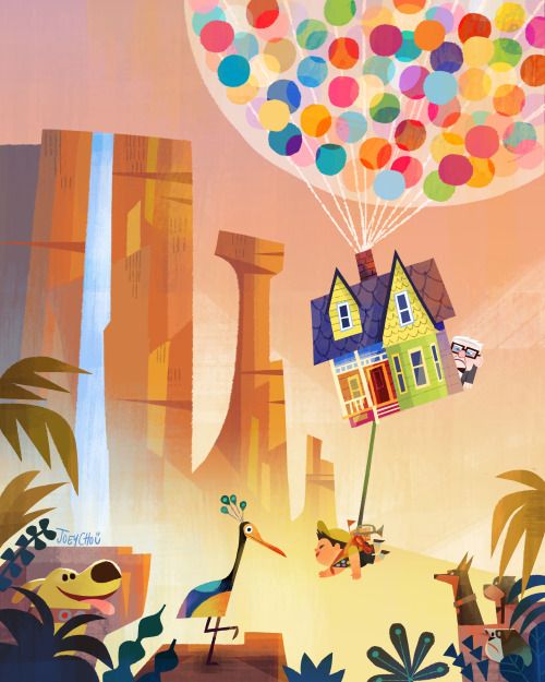 a painting of a house with balloons floating over it and animals in the foreground