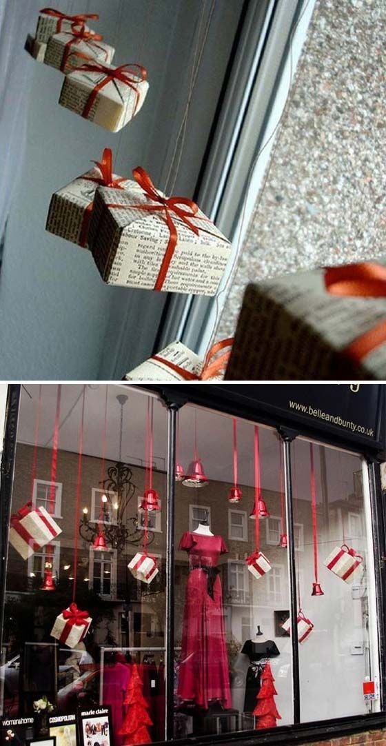 two different pictures of christmas presents hanging in the window with ribbons and bows on them