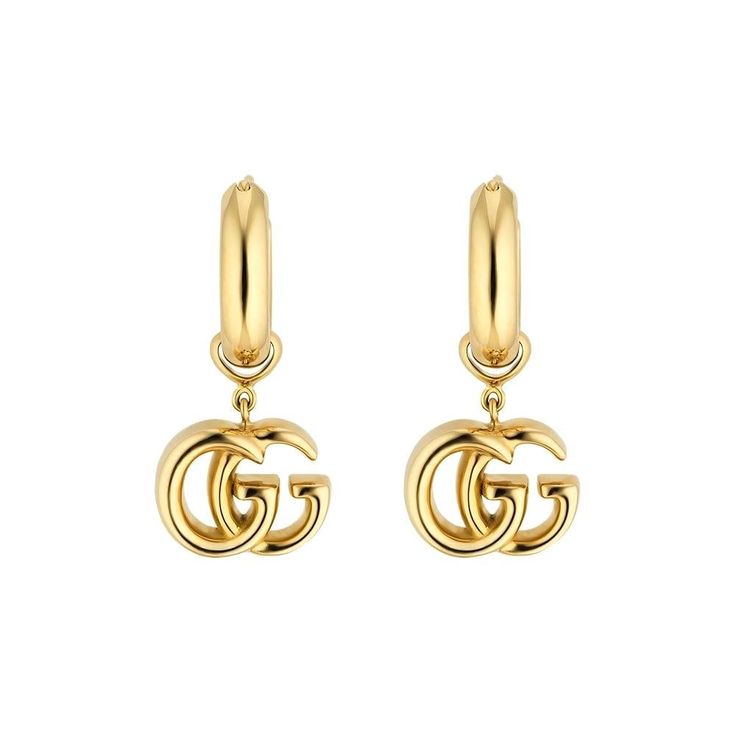 These Gucci 18K yellow gold earrings from the GG Running collection showcase a double G drop pendant dangling in the center of a wide hoop. Gucci Earrings Gold, Gucci Gold Jewelry, Gucci Jewelry Earring, Gold Jewelry Png, Gold Earing, Gucci Earrings, White Gold Diamond Bracelet, Yellow Gold Drop Earrings, Gucci Jewelry