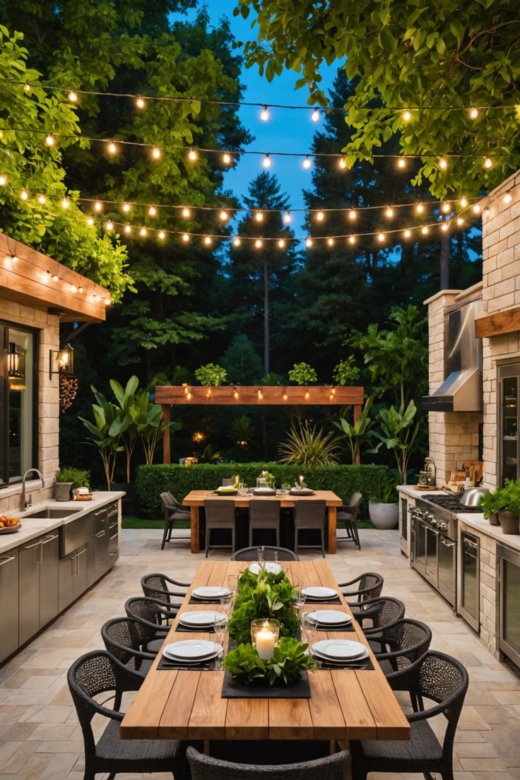 an outdoor kitchen and dining area is lit up with string lights, surrounded by greenery