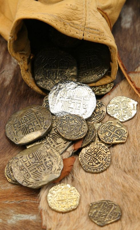 a pile of coins sitting on top of a cow's fur covered in metal