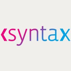 the logo for asyntax is shown in blue, pink and purple colors