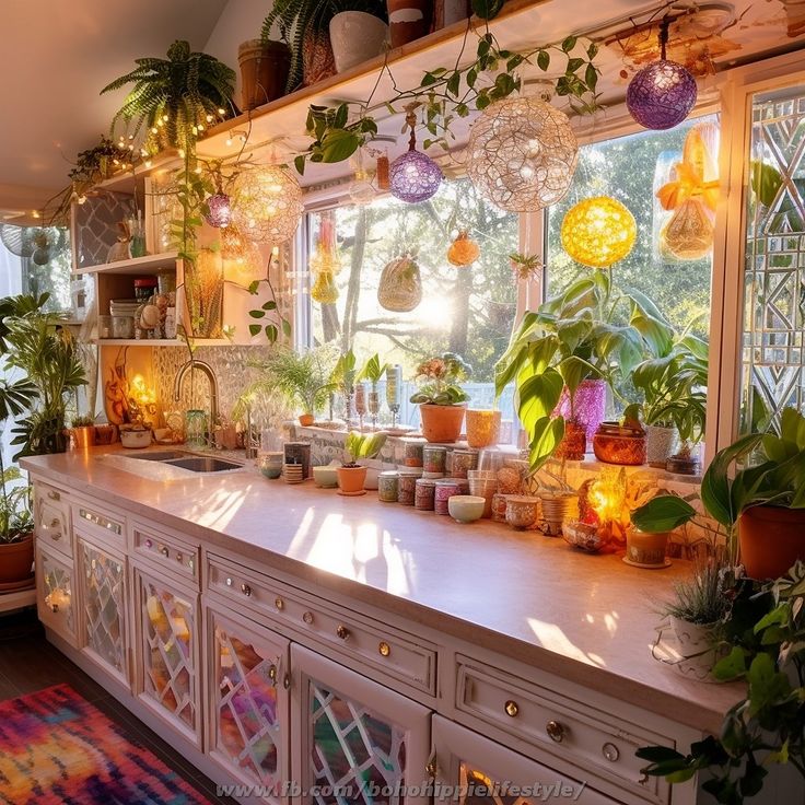 a kitchen filled with lots of potted plants and lights hanging from the window sill