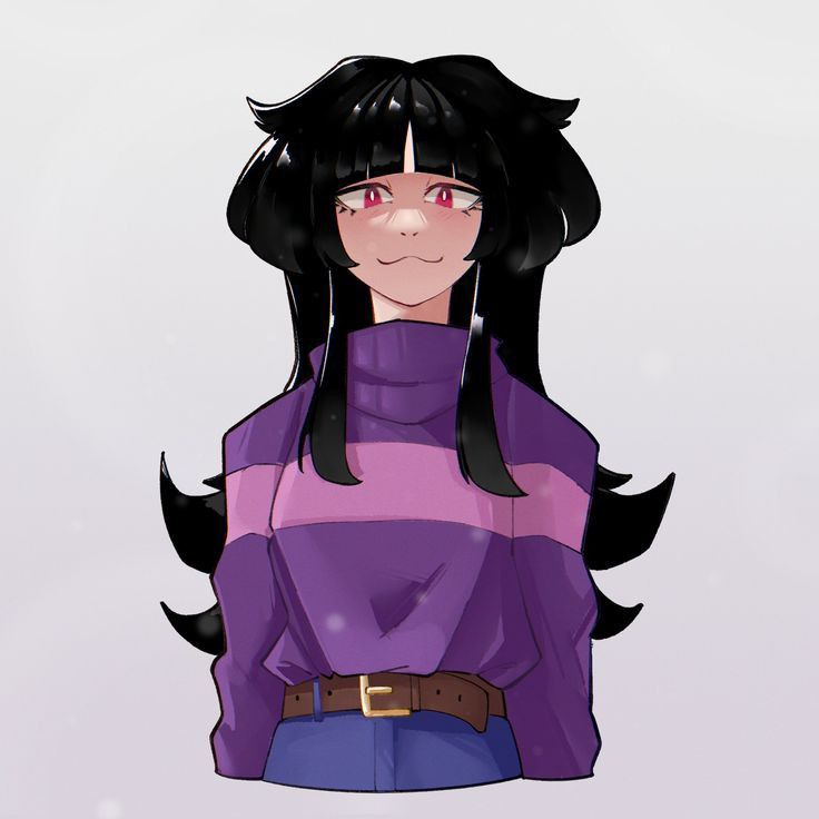 an anime character with long black hair wearing a purple shirt