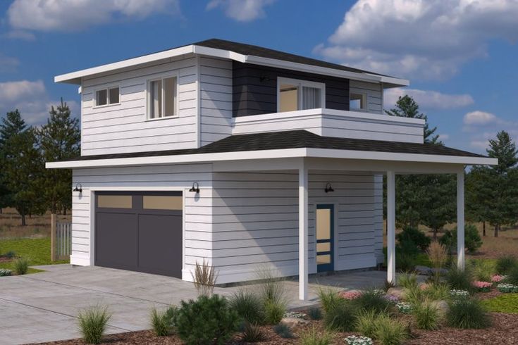 a rendering of a two story house in the middle of a field with trees and bushes