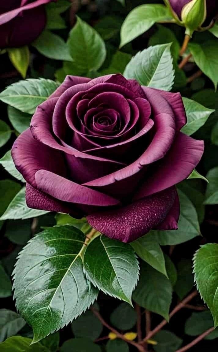 a purple rose with green leaves in the background