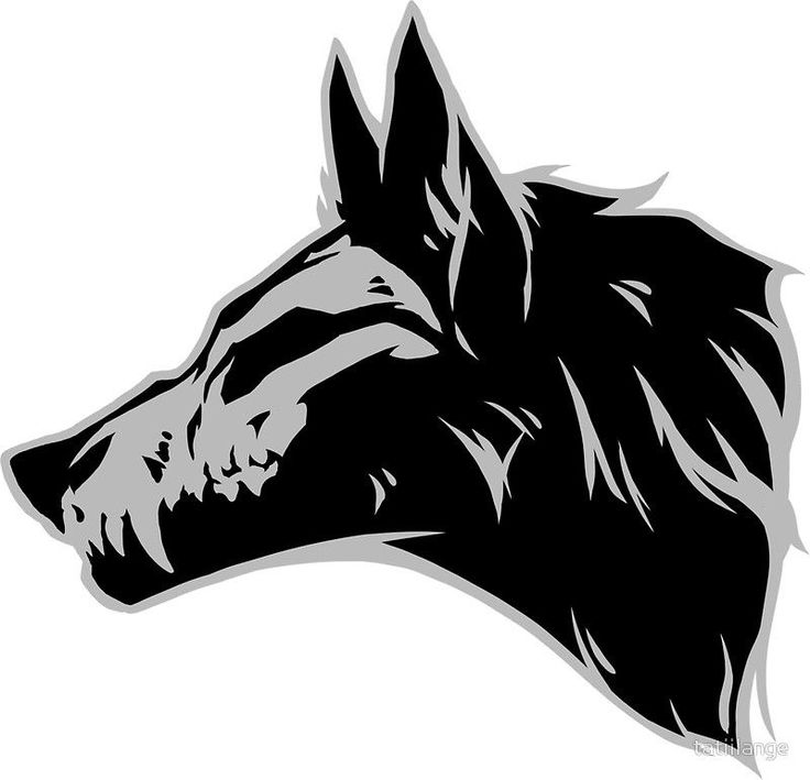 a black and white wolf head on a white background