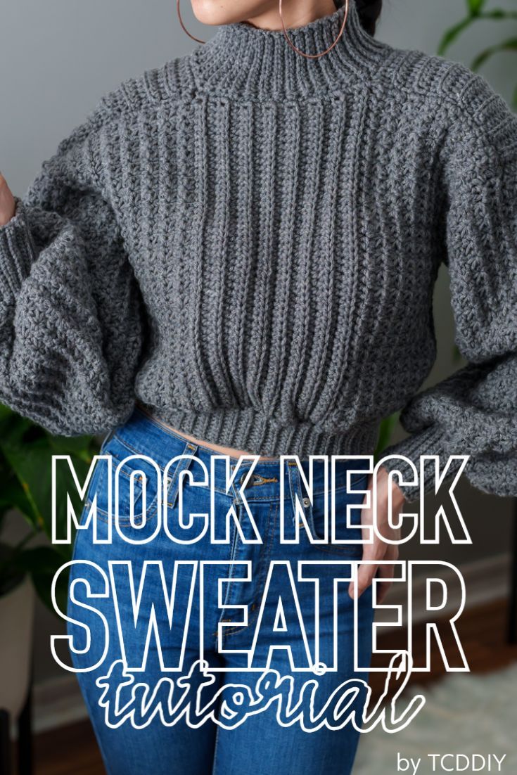 a woman in grey sweater and jeans with text overlay that reads mock neck sweater international