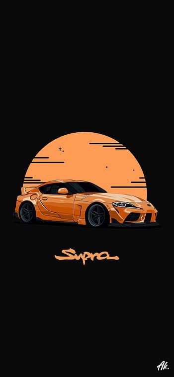 an orange sports car on a black background with the sun setting in the back ground