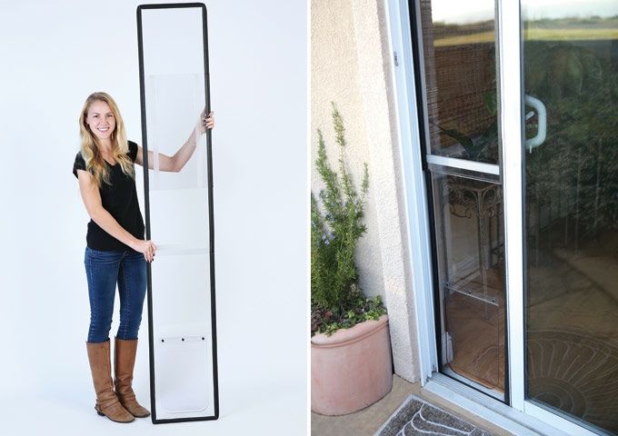 a woman standing next to an open sliding glass door and another photo of the same person