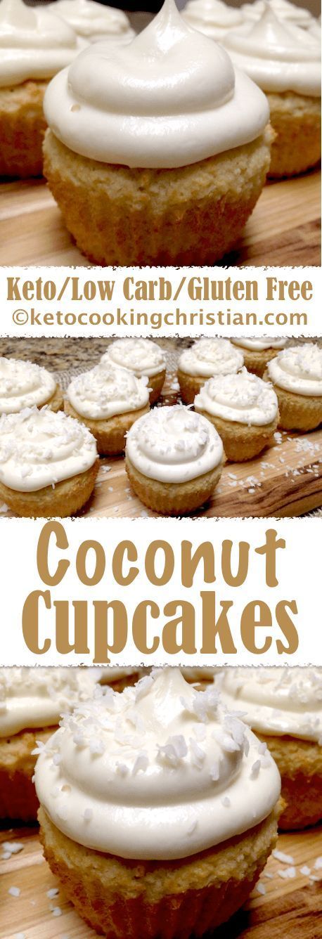 coconut cupcakes with cream frosting on top are shown in three different views