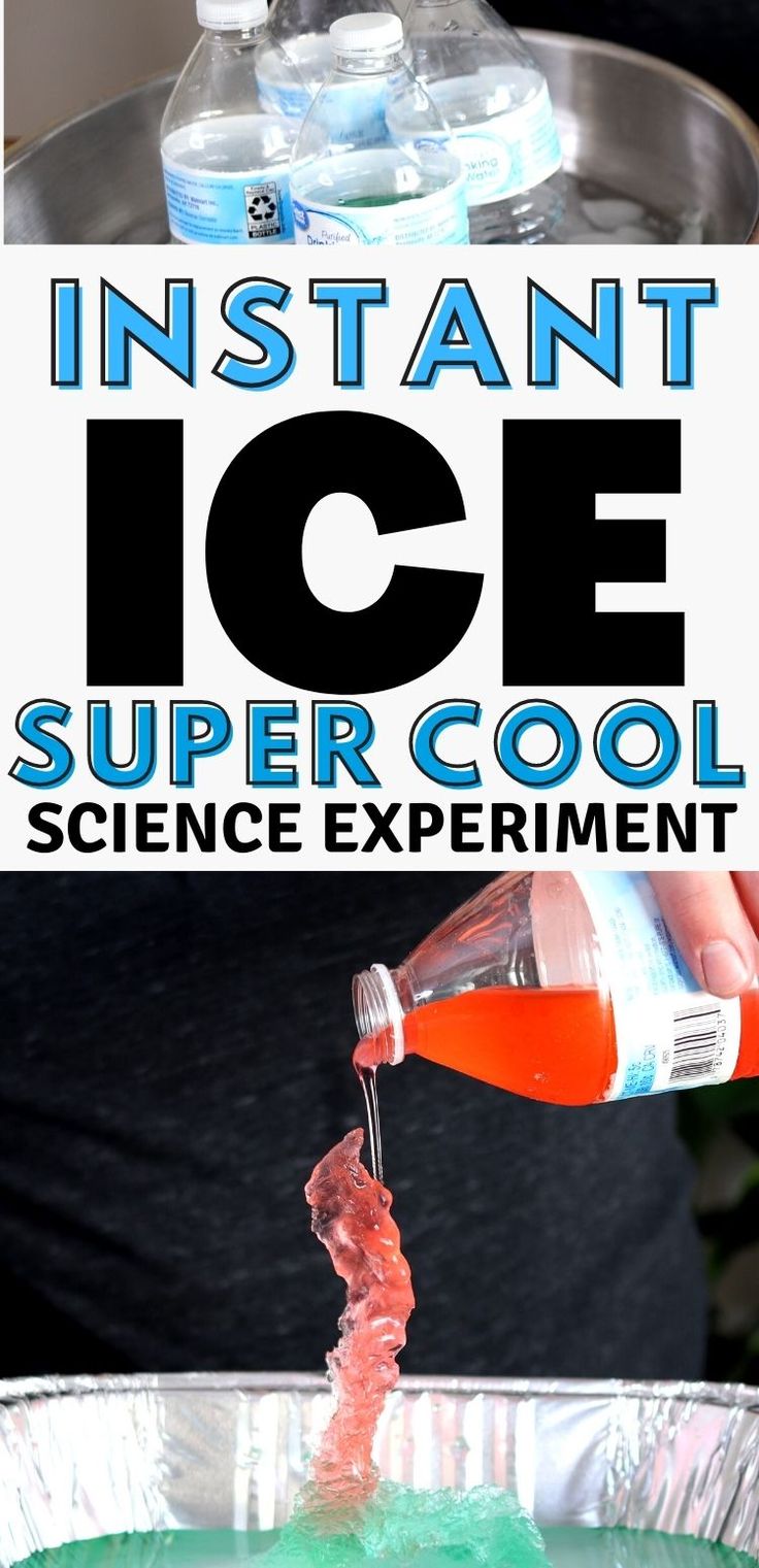 someone pouring orange liquid into a bowl with ice in it and the words instant ice super cool science experiment