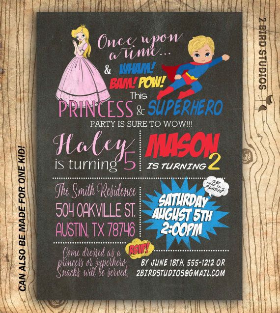 this is a chalkboard poster for a princess and superman birthday party with the names of each child's favorite characters