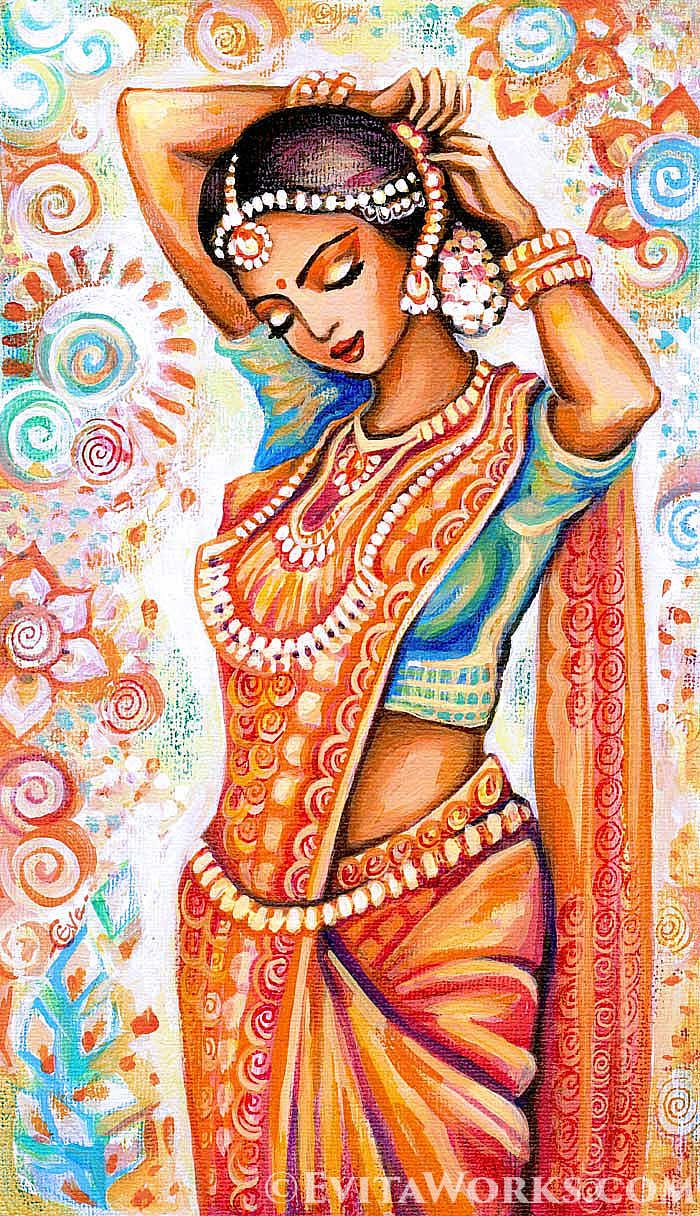 a painting of a woman in orange and blue sari with her hands on her head