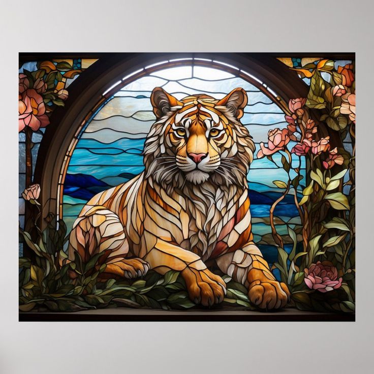 a stained glass window with a tiger sitting in front of it and flowers around the edges