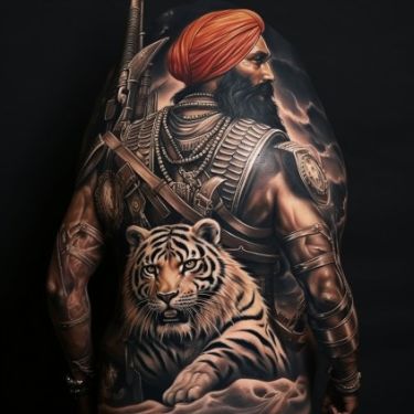 a man with tattoos on his back and chest, holding a tiger in front of him