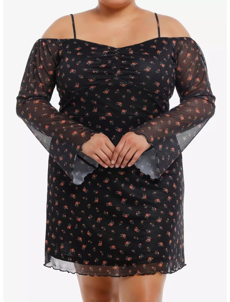 Thorn & Fable Floral Mesh Cold Shoulder Bell Sleeve Dress Plus Size Plus Size Hot, Right Arrow Icon, Mesh Overlay, Bell Sleeve Dress, Hoodie Girl, Plus Dresses, Dress Plus Size, Christmas Dress, Bell Sleeve